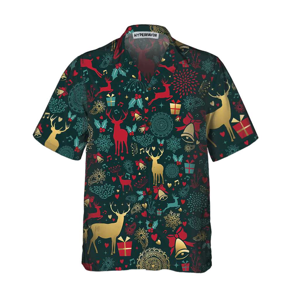 Christmas Golden Deer Pattern Hawaiian Shirt, Christmas Reindeer Shirt, Best Xmas Gift Idea, Best Christmas Gift For lover, Friend, Family