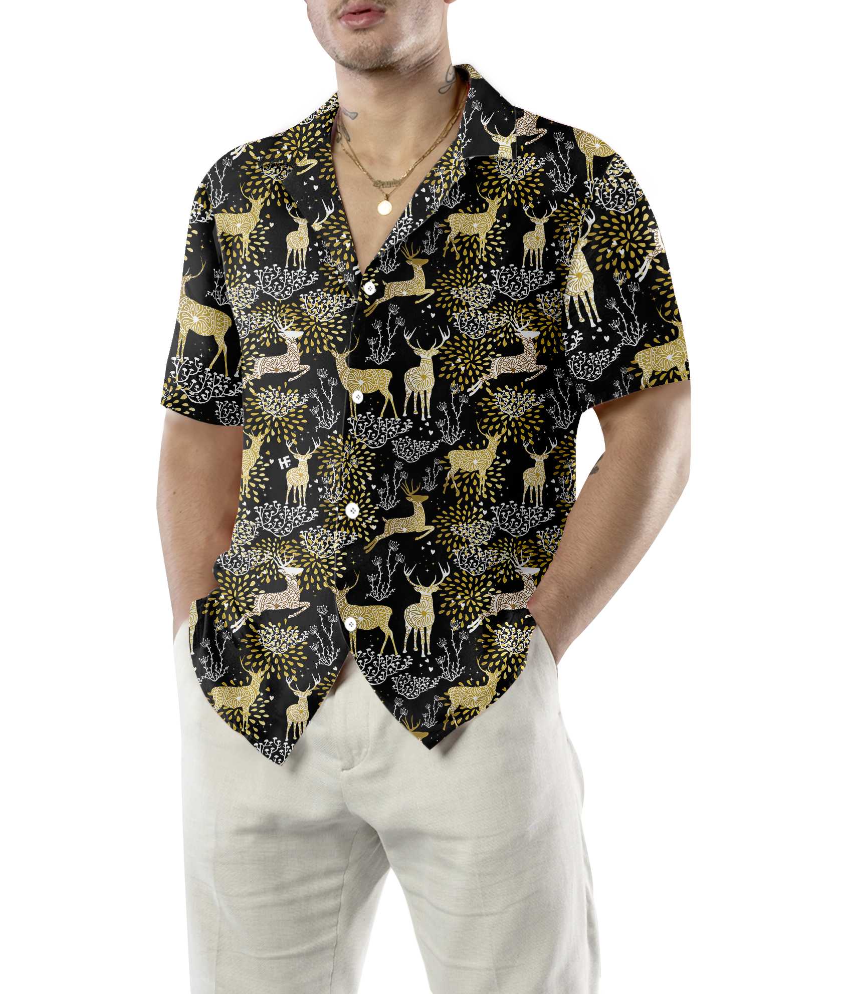 Christmas Golden Reindeers Hawaiian Shirt, Best Christmas Gift For lover, Friend, Family