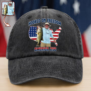 Custom Photo Hooked On Freedom America 250 Washed Denim Baseball Cap For Fishing Lovers HA75 897970