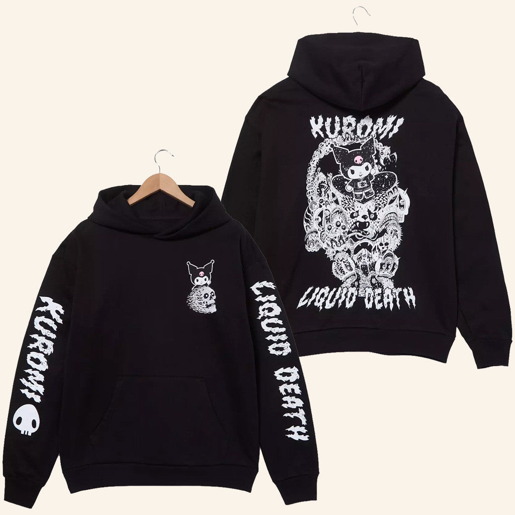 Anime Merch Sanrio Kuromi x Liquid Death Tonal Logo Hoodie Present For Husband - Thriftgiftshop