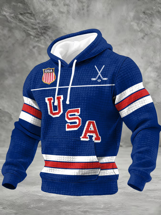 Blue Retro USA Ice Hockey Hoodie Game Day Hoodie Gift Ideas For Hockey Fans - Thriftgiftshop