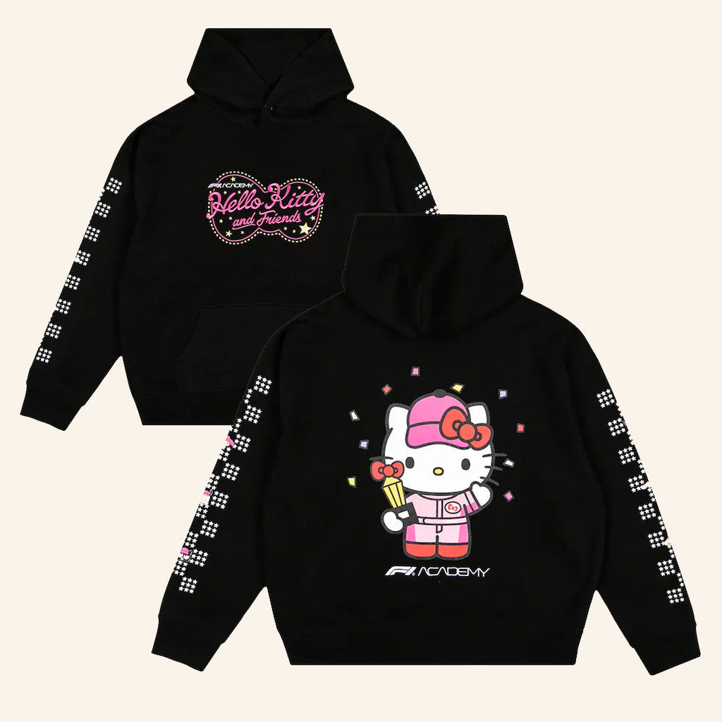F1 Academy Hello Kitty Merch Men's Black F1 Academy X Hello Kitty Neon Hoodie Wife Gifts - Thriftgiftshop