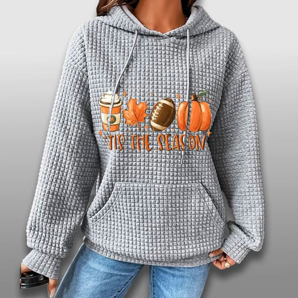 Fall Tis The Season Pumpkin Football Waffle Hoodie Gifts For Girlfriend - Thriftgiftshop