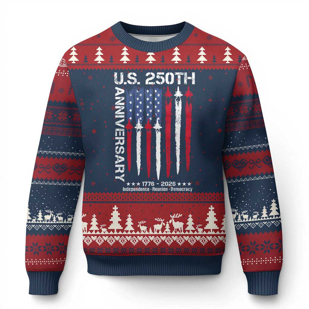 Flag Fighter Jets 250th Anniversary Ugly Christmas Sweater USA Patriotic Veterans Gifts