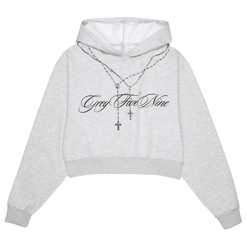 G59 Merch G59 Women's Rosary Cropped Hoodie Grey Five Nine Hoodie Birthday Gift For Sister - Thriftgiftshop