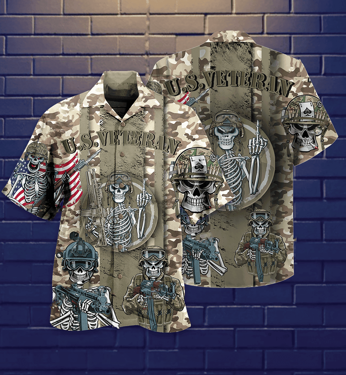 U.S. Veteran Skull Printed Hawaiian Shirt