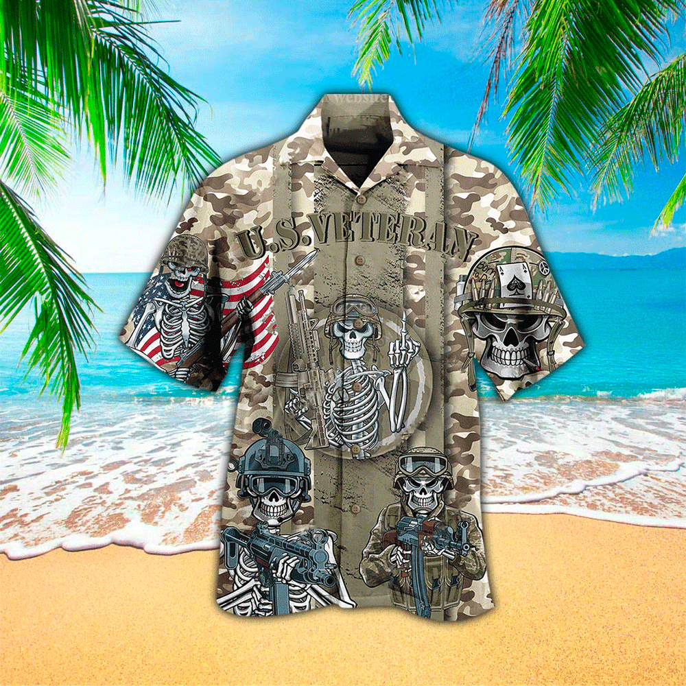 U.S. Veteran Skull Printed Hawaiian Shirt
