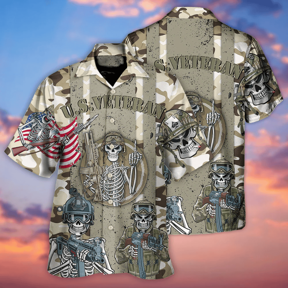 Veteran Us America Flag Skull Style Hawaiian Shirt - Beachwear For Men - Hawaiian Shirts