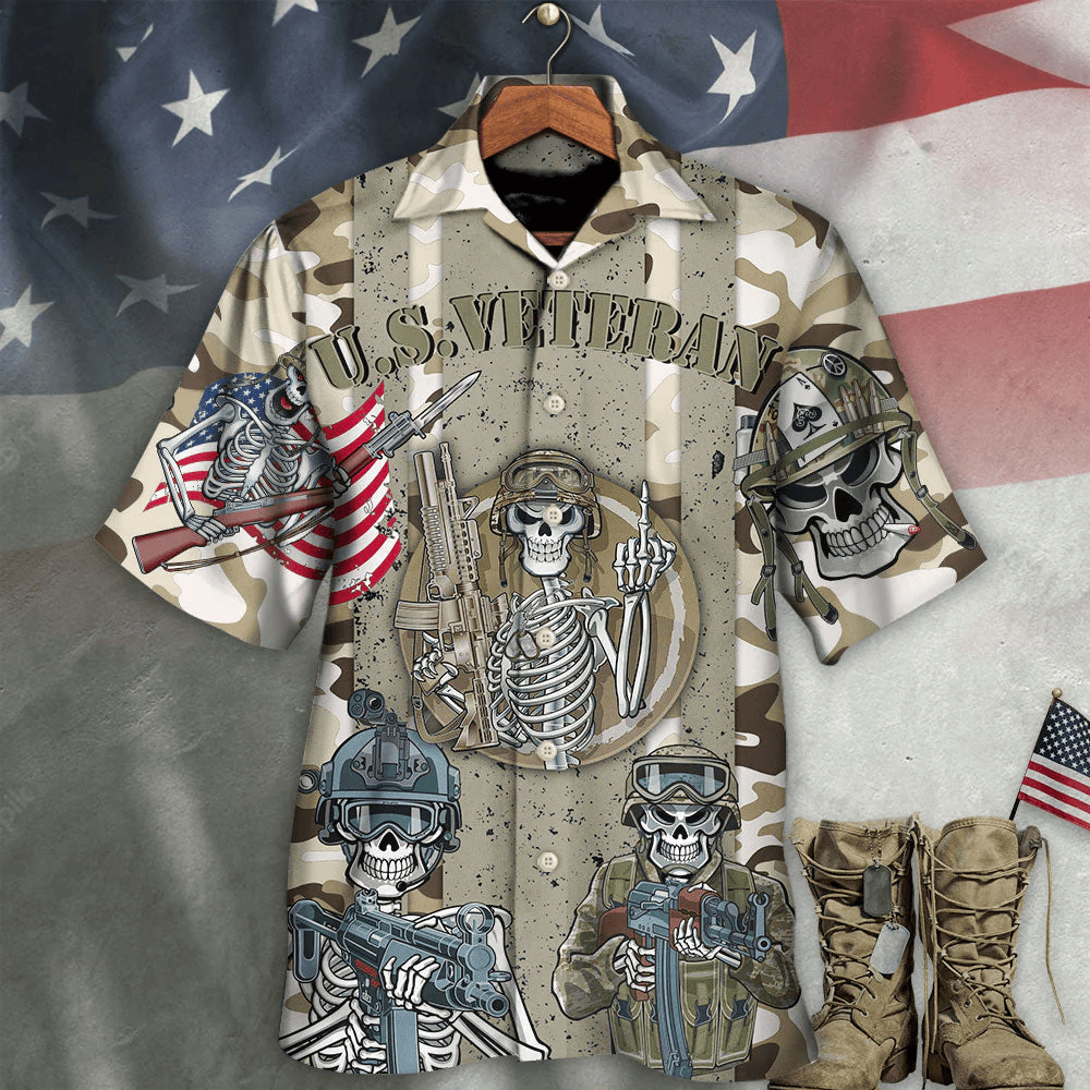 Veteran Us America Flag Skull Style Hawaiian Shirt - Beachwear For Men - Hawaiian Shirts