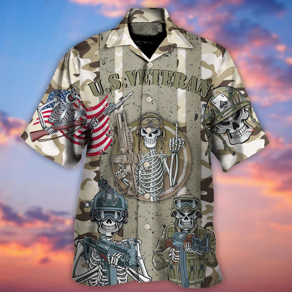 Veteran Us America Flag Skull Style Hawaiian Shirt - Beachwear For Men - Hawaiian Shirts