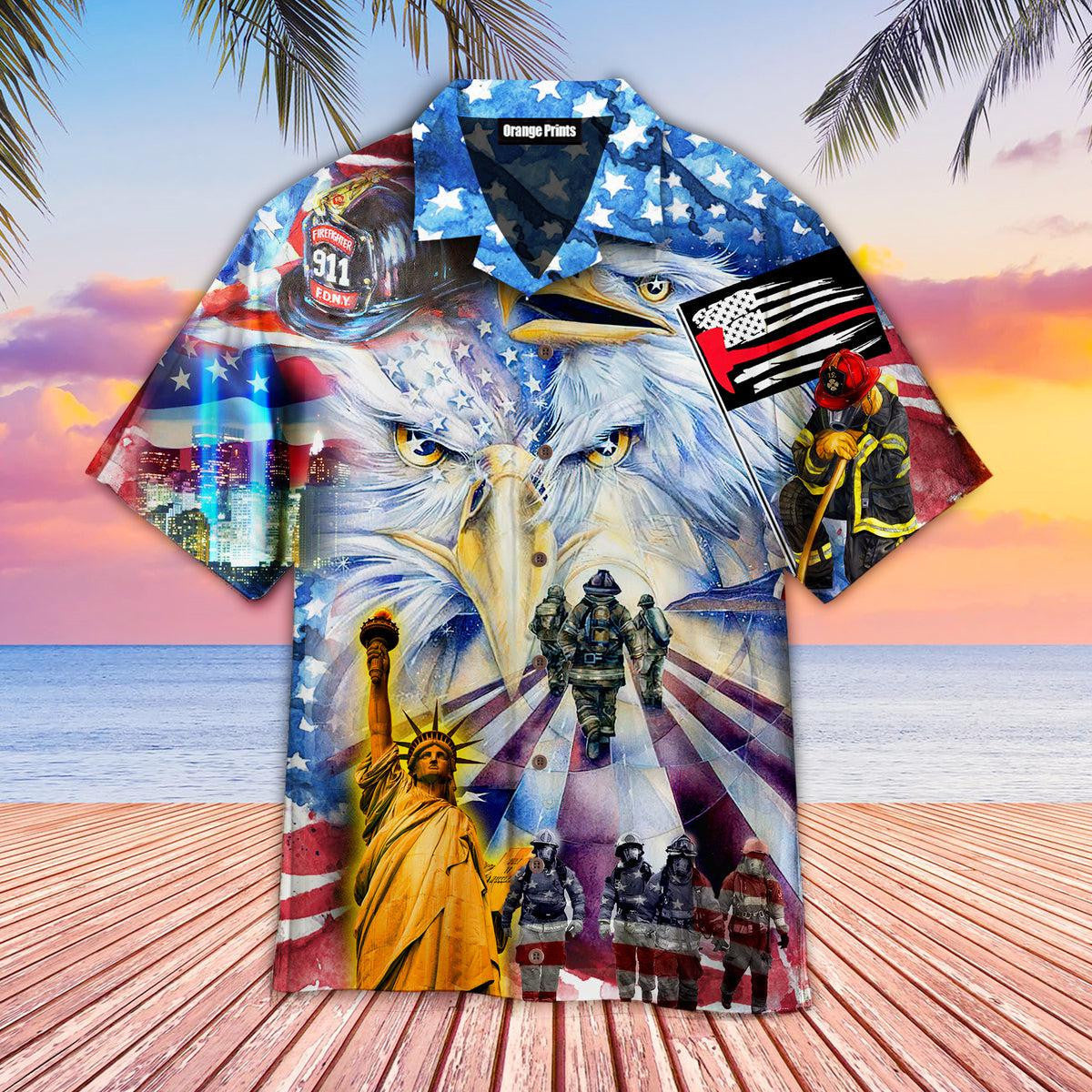 Memorial Day American Patriot Eagle Firefighter Hawaiian Shirt - Gift For A Vetaran - Short Sleeve Hawaiian Shirt