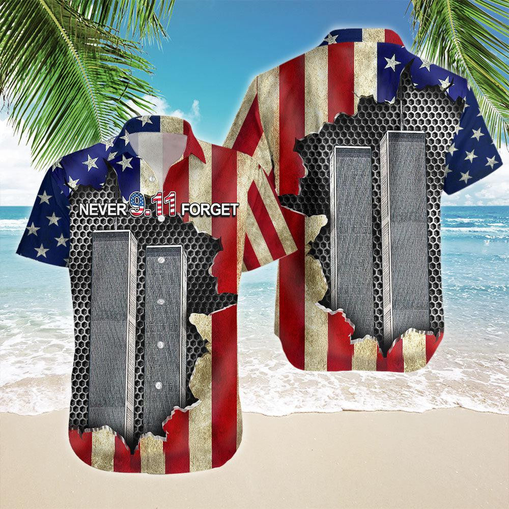 Never Forget Firefighter Twin Towers American Flag Patriot Day Hawaiian Shirt - Gift For A Vetaran - Short Sleeve Hawaiian Shirt