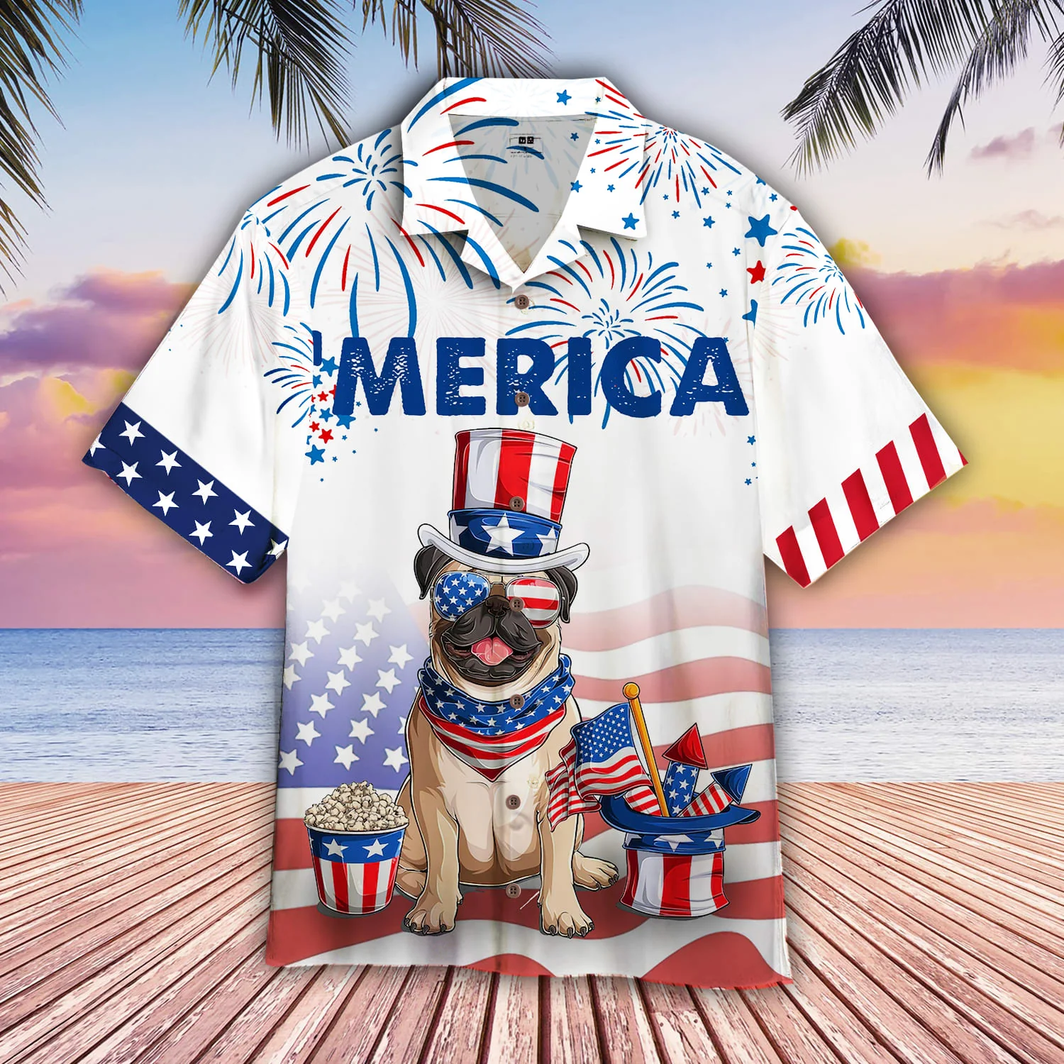 Bulldog American Flag 4Th Of July Firework Hawaiian Shirt - Gift For A Vetaran - Short Sleeve Hawaiian Shirt