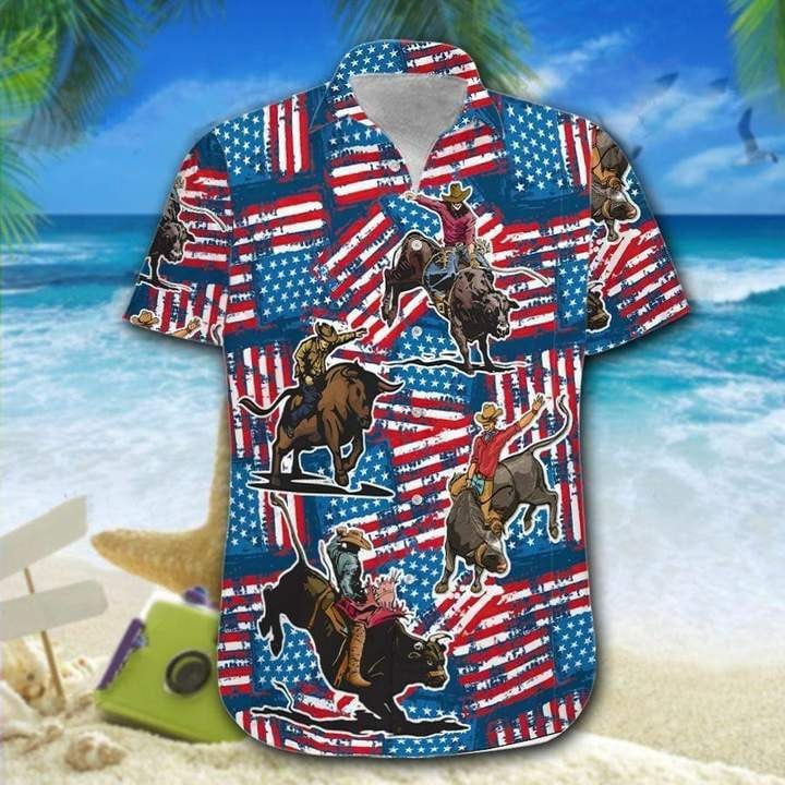 Bull Riding American Flag 4Th Of July Hawaiian Shirt - Gift For A Vetaran - Short Sleeve Hawaiian Shirt