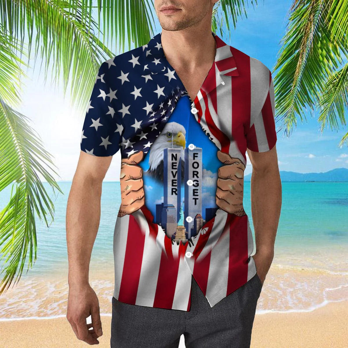 Eagle American Flag Twin Towers Patriot Day Hawaiian Shirt - Gift For A Vetaran - Short Sleeve Hawaiian Shirt