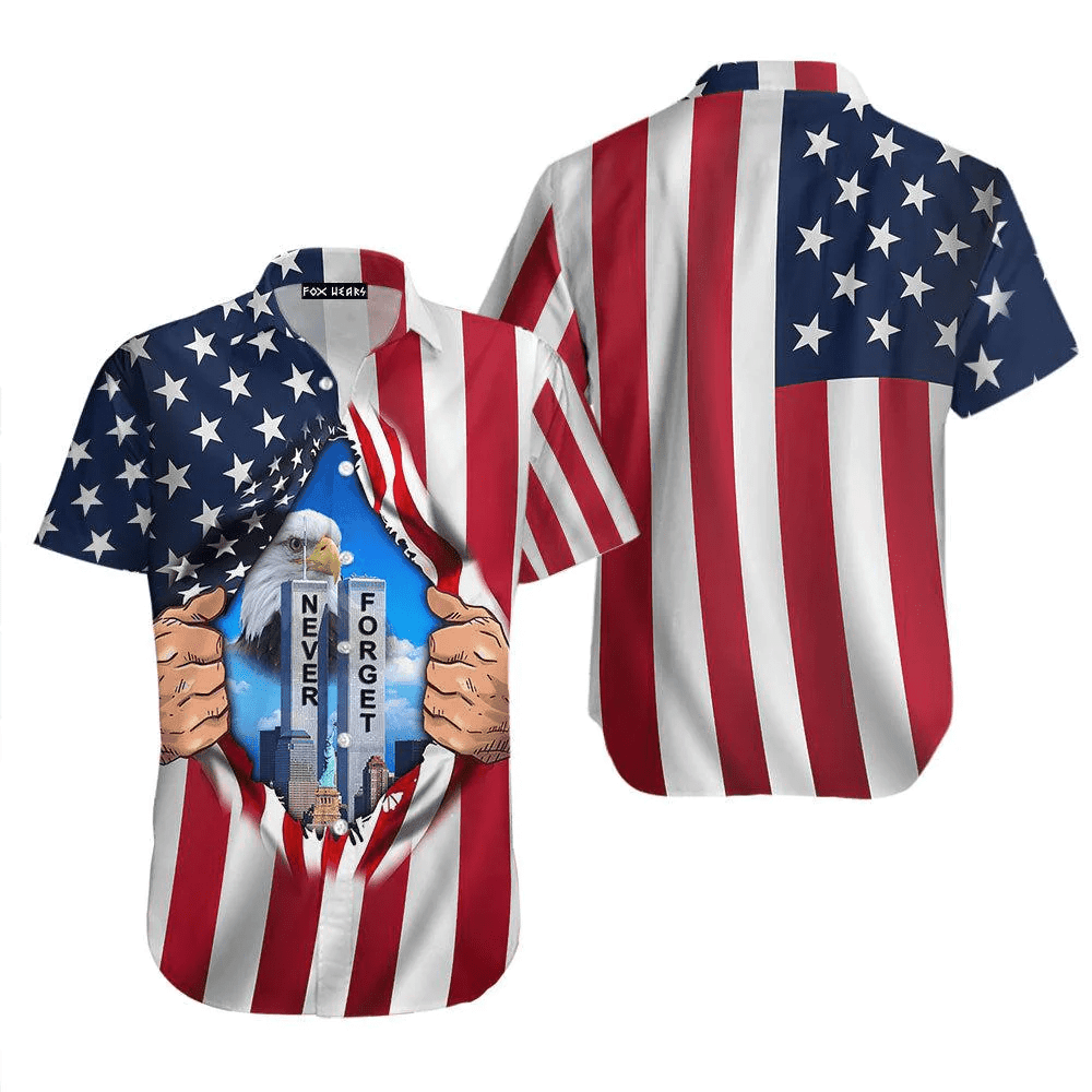 Eagle American Flag Twin Towers Patriot Day Hawaiian Shirt - Gift For A Vetaran - Short Sleeve Hawaiian Shirt