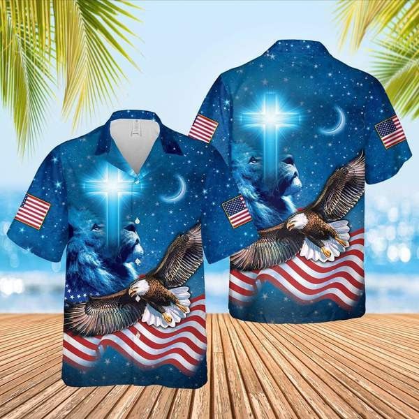 Lion Cross Of Christ Eagle American Flag Patriot Hawaiian Shirt - Gift For A Vetaran - Short Sleeve Hawaiian Shirt