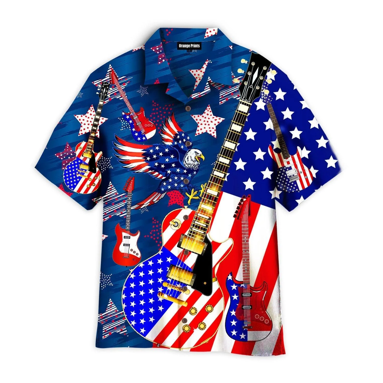 Guitar Patriot Day Star American Eagle Hawaiian Shirt - Gift For A Vetaran - Short Sleeve Hawaiian Shirt