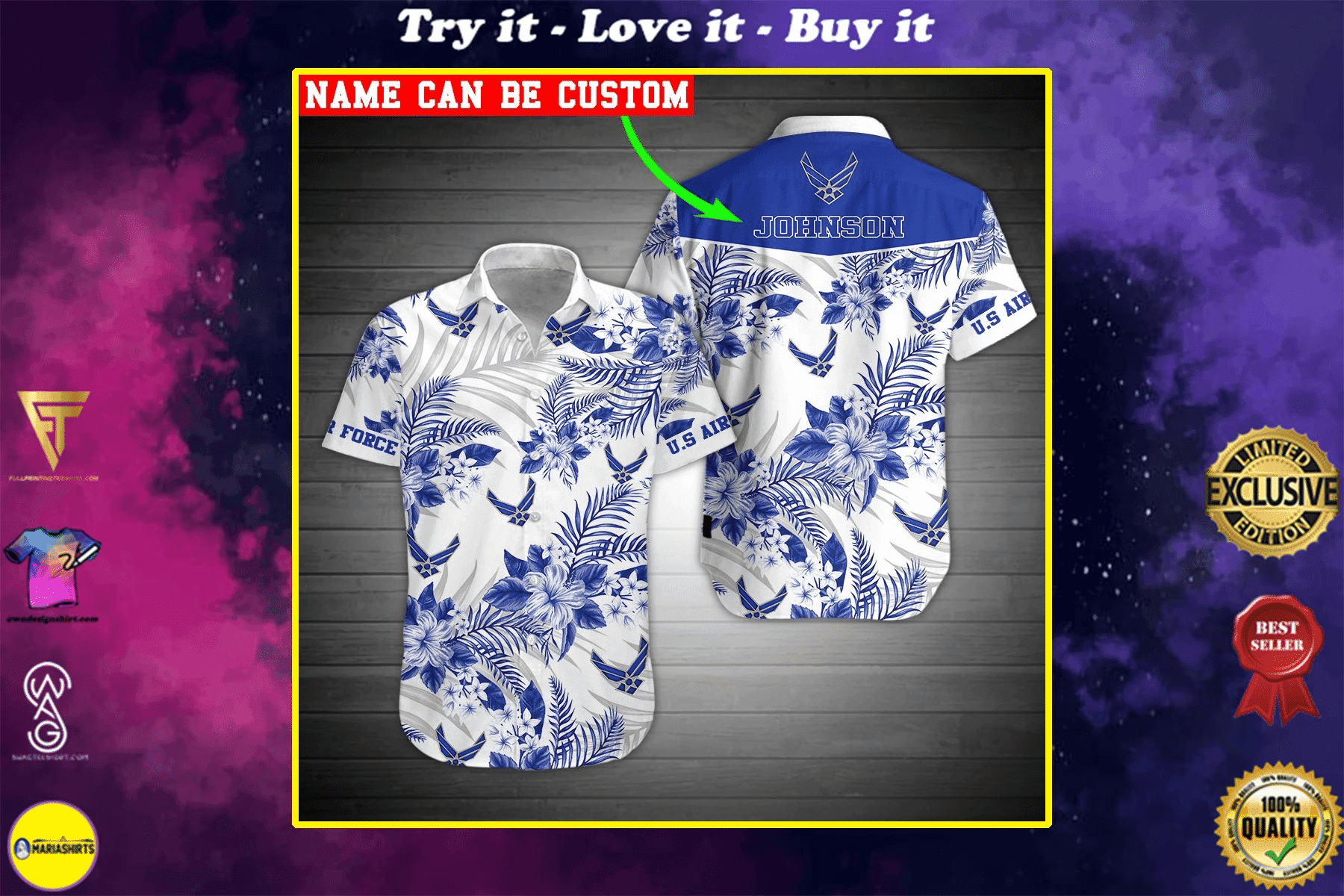 Custom Your Name United States Air Force Veteran Full Printing Hawaiian Shirt