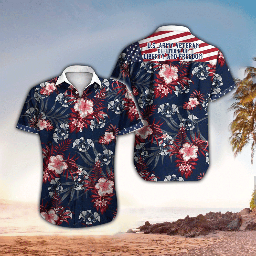 American Us Army Veteran Defender Of Liberty And Freedom Button Hawaiian Shirt, Hawaii Shirt Men, Aloha Shirt