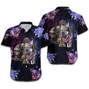 Hawaiian Aloha Shirts Veteran And Jesus Cross Red Blue Tropical