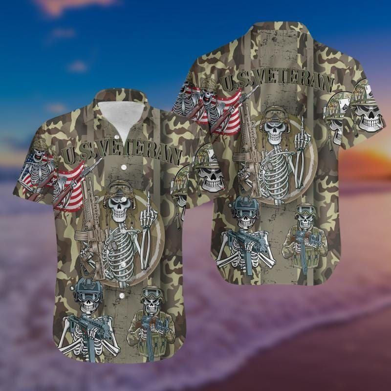 Us Veterans Skull Aloha Hawaiian Shirt Colorful Short Sleeve Summer Beach Casual Shirt For Men And Women