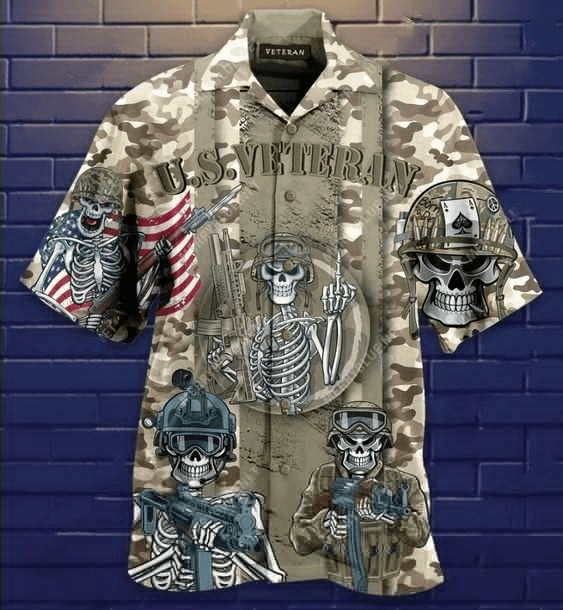 Us Veteran Skull Polyester Hawaiian Shirt