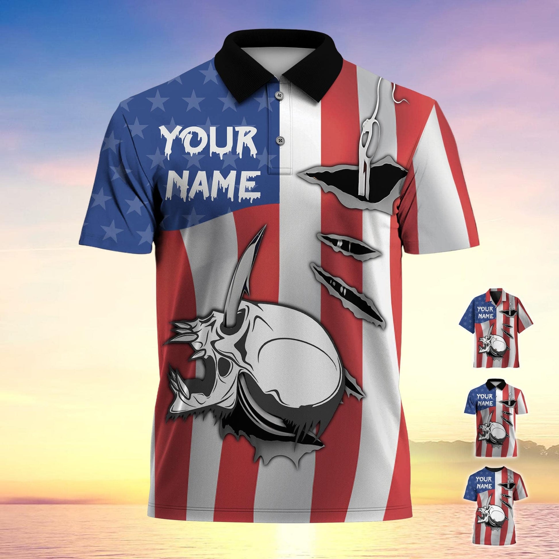 Skull Hooked Cool Fisherman Hawaii Polo T-Shirt 3D