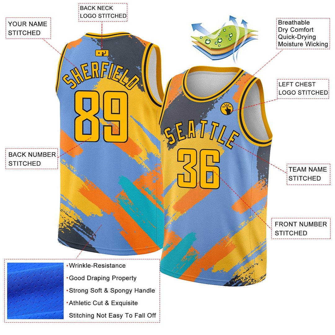 Light Blue Gold Black Abstract Brush Stroke Shapes Custom Basketball Jersey for Men and Women