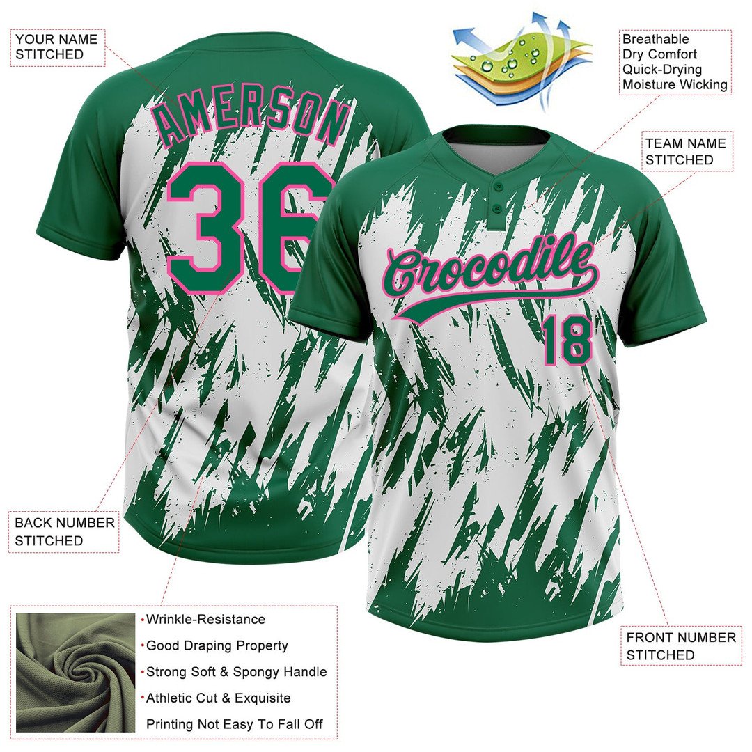 Kelly Green Pink White 3D Pattern Abstract Sharp Shape Custom Name Softball Jersey for Men and Women