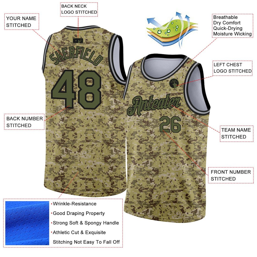 Camo Olive Black 3D Salute to Service Custom Basketball Jersey for Men and Women
