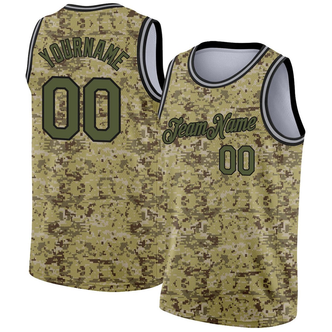 Camo Olive Black 3D Salute to Service Custom Basketball Jersey for Men and Women