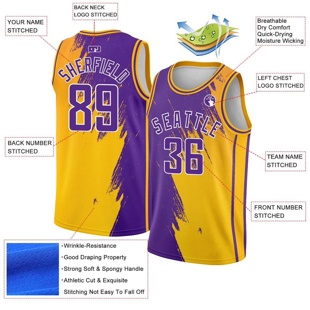 Gold Purple White Abstract Brush Splash City Edition Custom Basketball Jersey for Men and Women