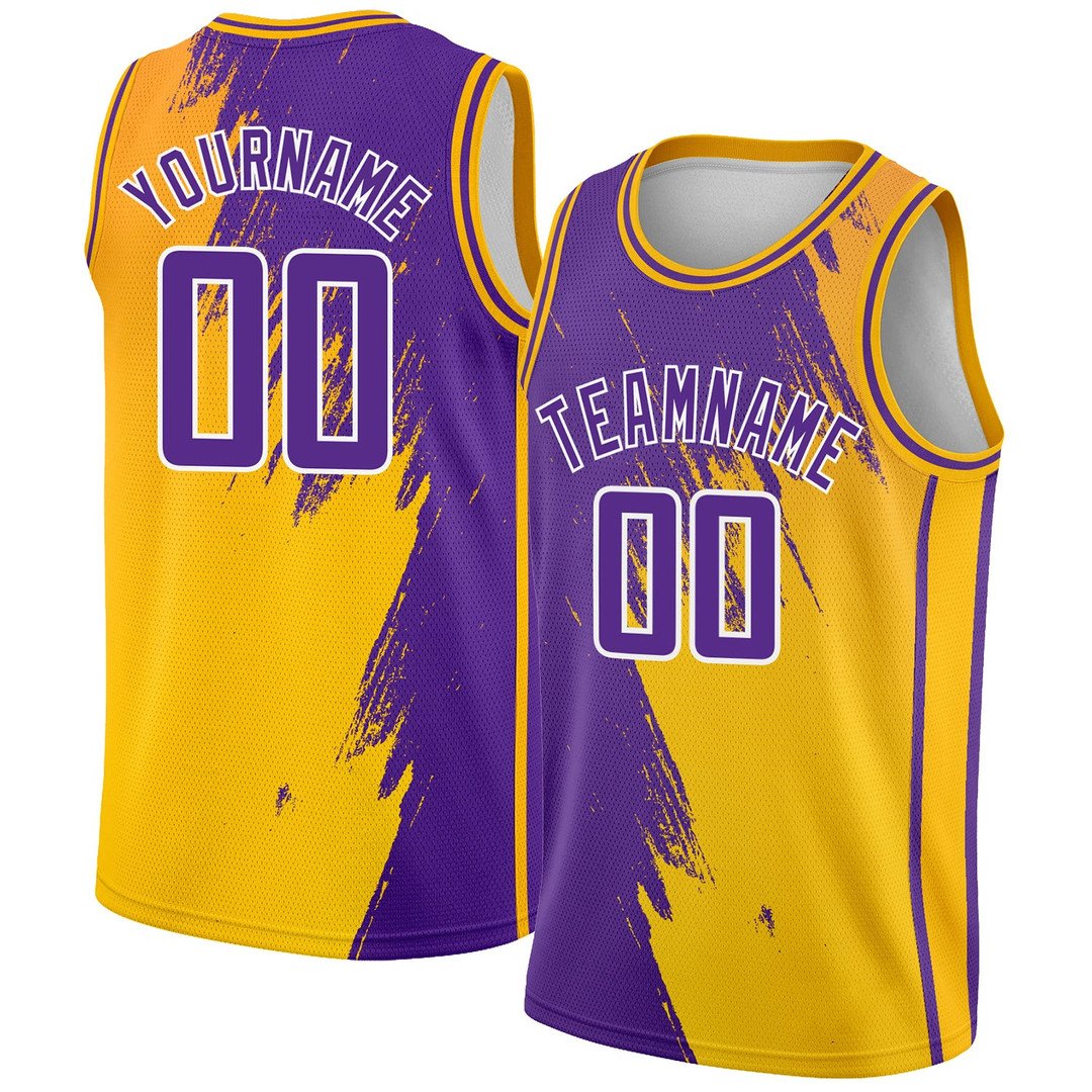 Gold Purple White Abstract Brush Splash City Edition Custom Basketball Jersey for Men and Women
