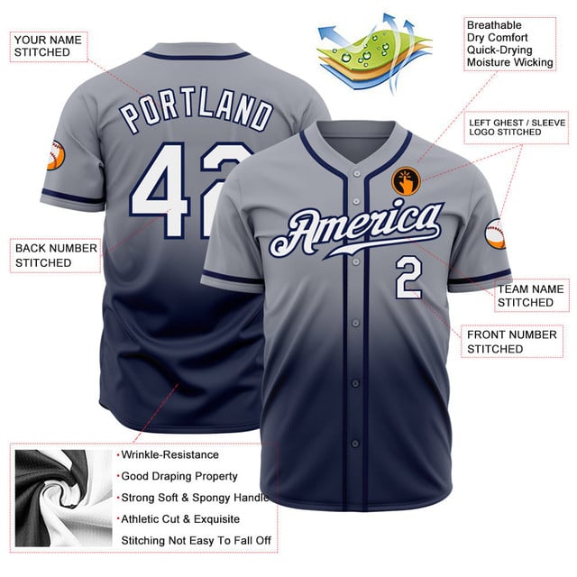 Gray White Navy Fade Custom Baseball Jerseys For Men & Women