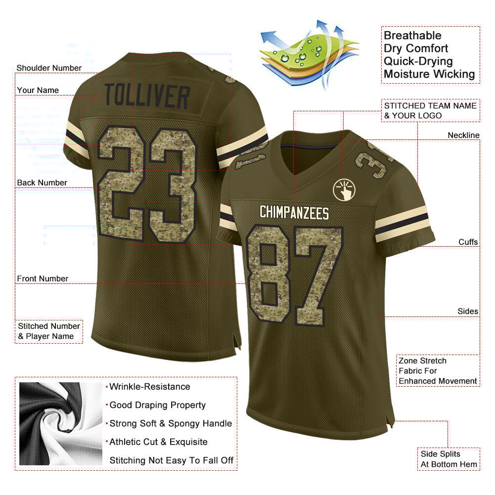 Custom Olive Camo Black Salute to Service Football Jersey for Men and Women