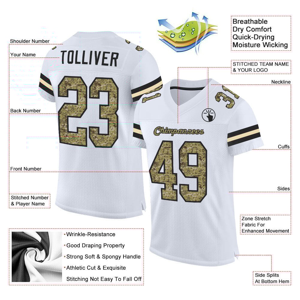 Custom White Camo Black Football Jersey for Men and Women