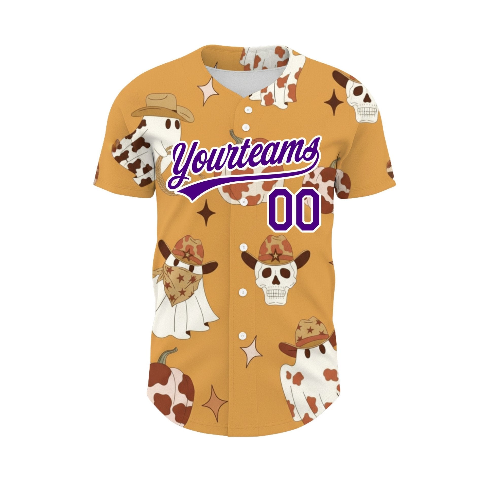 Halloween Purple Yellow Cowboy Ghosts Skulls Custom Baseball Jersey