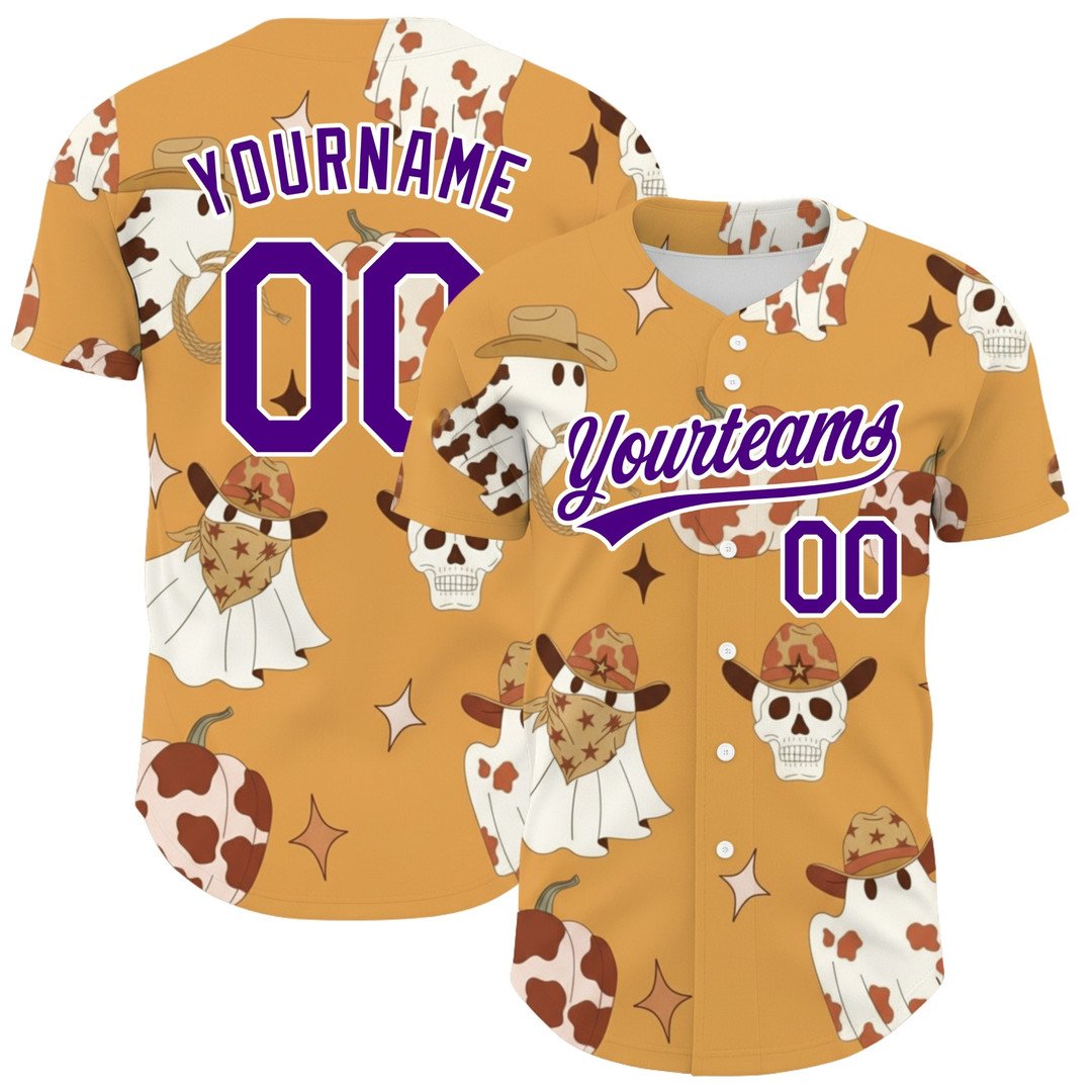 Halloween Purple Yellow Cowboy Ghosts Skulls Custom Baseball Jersey