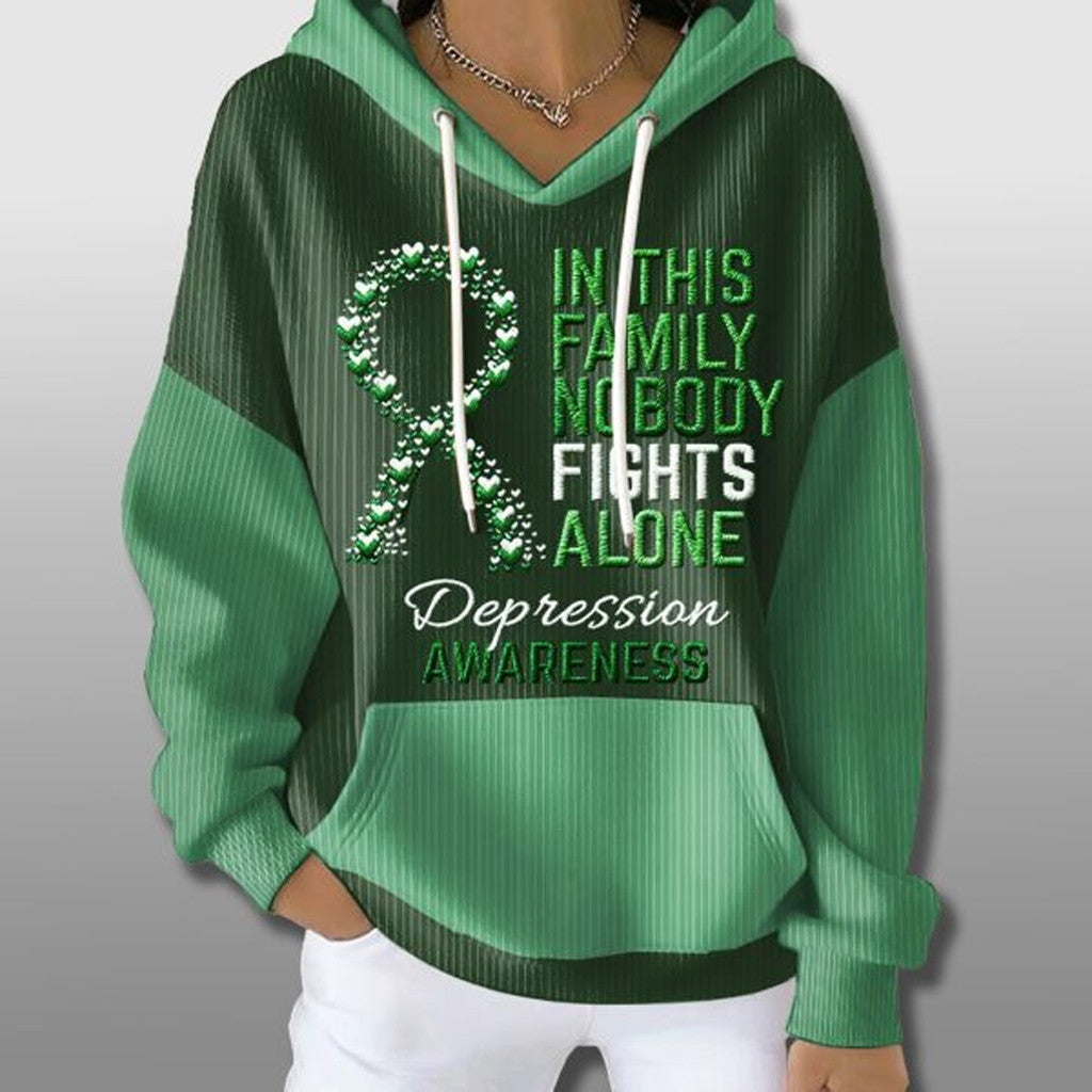 In This Family No One Fights Alone Depression Awareness Waffle Hoodie Gifts For Mom - Thriftgiftshop