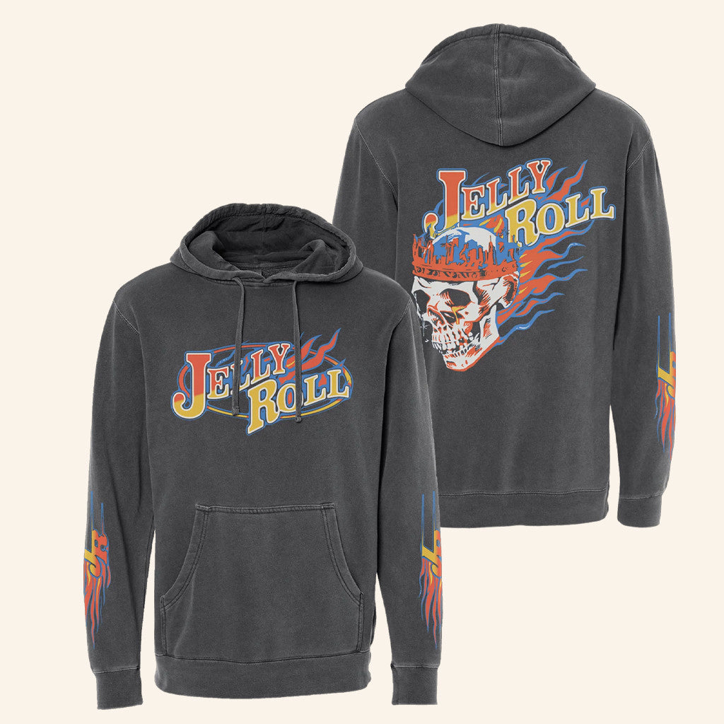 Jelly Roll Merch Flame Skull Pigment Black Hoodie Birthday Gift For Rapper Fans - Thriftgiftshop