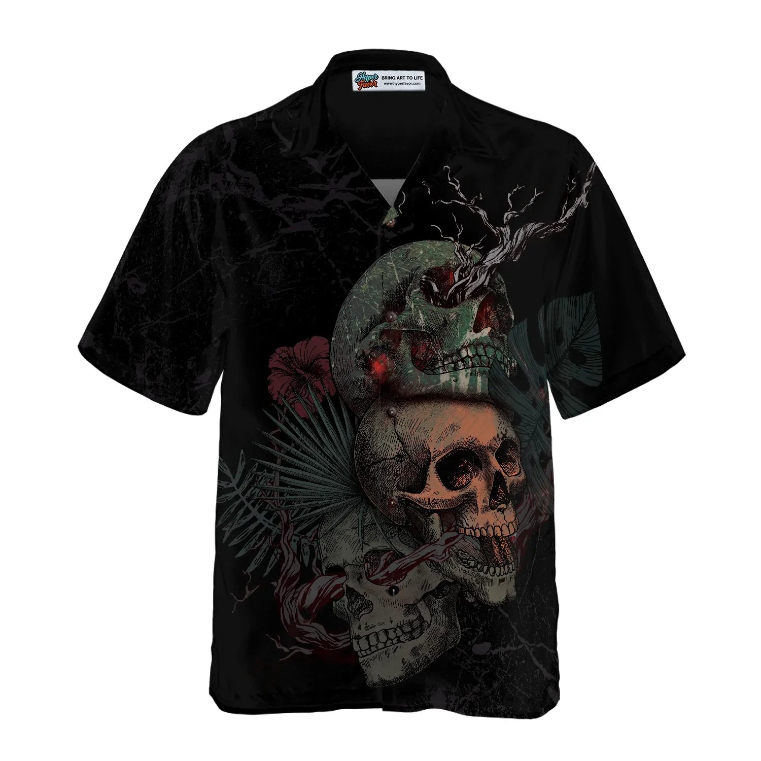 Artistic Gothic Skull With Flowers Goth Hawaiian Shirt, Black Aloha Shirt For Men, Best Gift For Summer, Husband, Boyfriend
