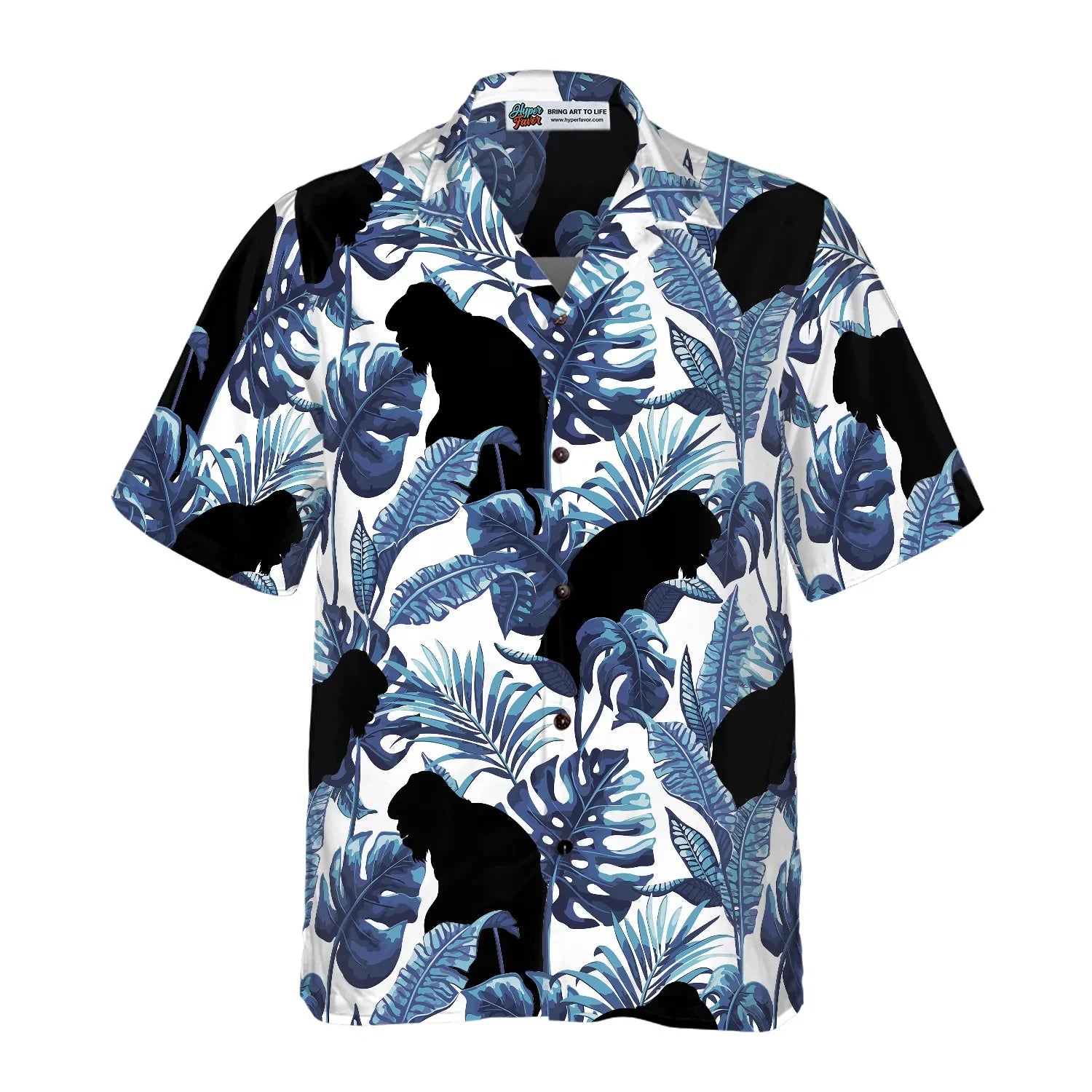 Bigfoot Blue Leaves Bigfoot Hawaiian Shirt, White And Navy Blue Tropical Floral Bigfoot Shirt For Men, Bigfoot Tropical Leaves Aloha For Men, Perfect Gift For Summer Lovers, Friends, Husband, Boyfriend, Family
