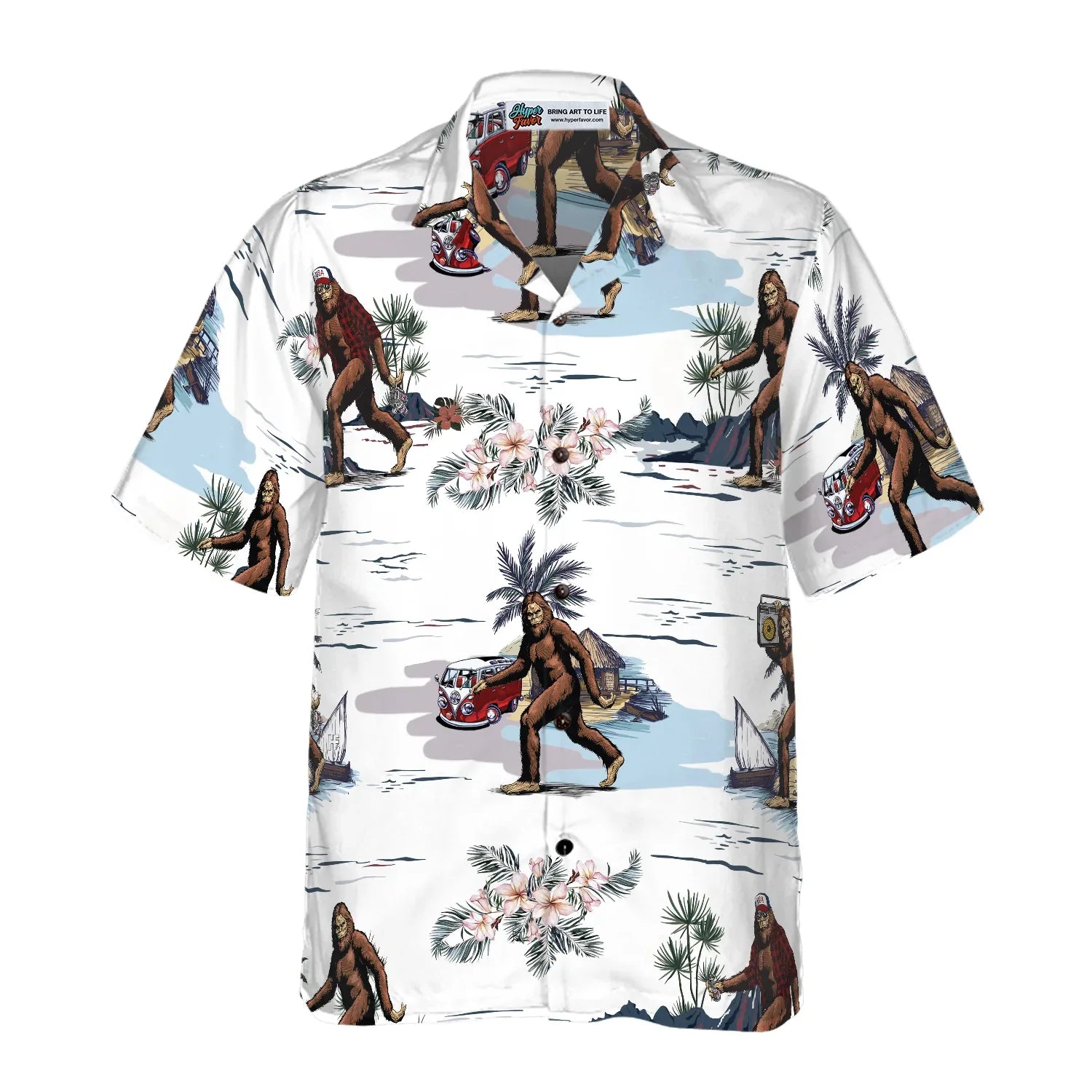 Bigfoots Are Ready For Summer Bigfoot Hawaiian Shirt, White Tropical Floral Bus Trip Bigfoot Shirt For Men, Best Gift For Men, Husband, Boyfriend