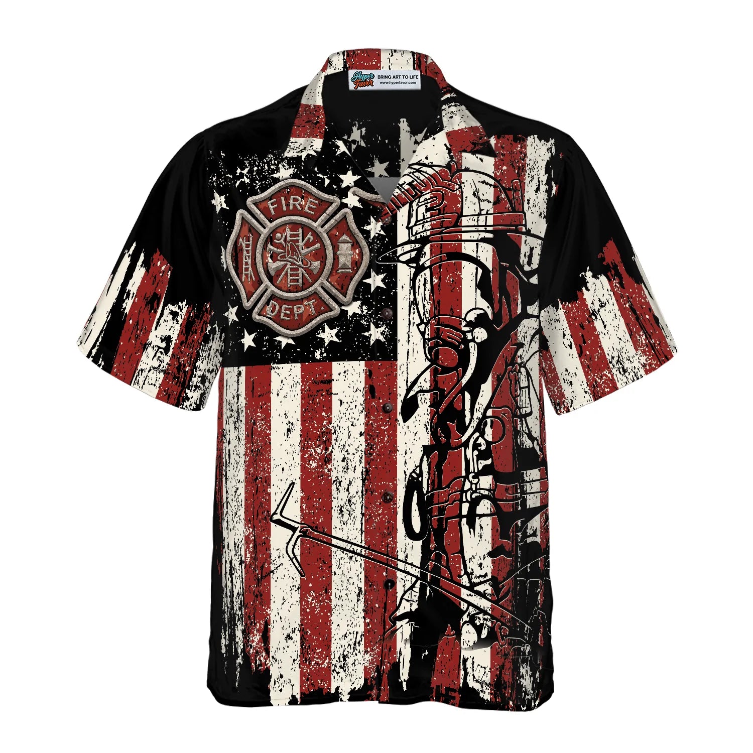Black American Flag Fire Dept Firefighter Hawaiian Shirt, Fire Department Badge Firefighter Shirt For Men, Perfect Gift For American Flag Lovers, Friends, Husband, Boyfriend, Family