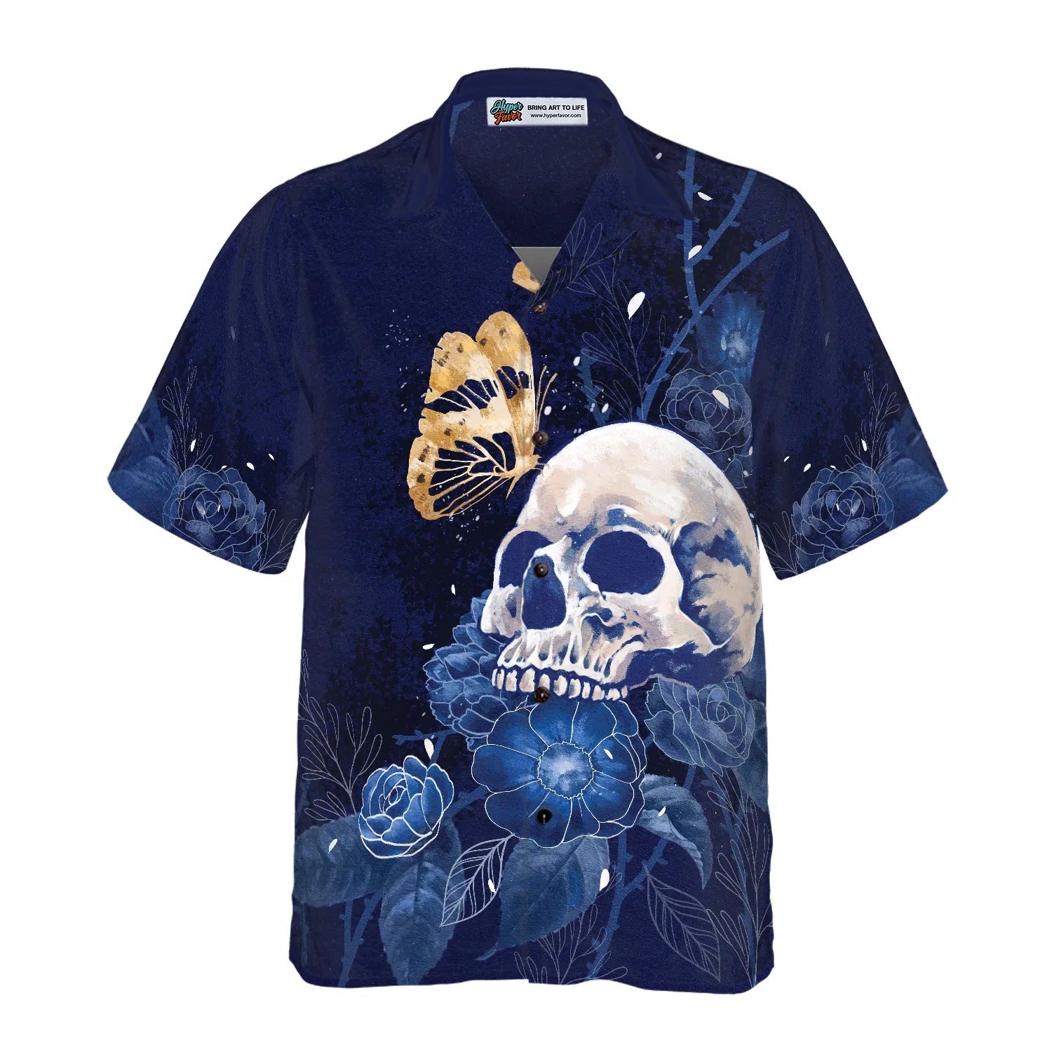 Artistic Gothic Skull with Butterfly Hawaiian Shirt, Blue Peony Flowers Goth Aloha Shirt For Men, Best Gift For Summer, Husband, Boyfriend
