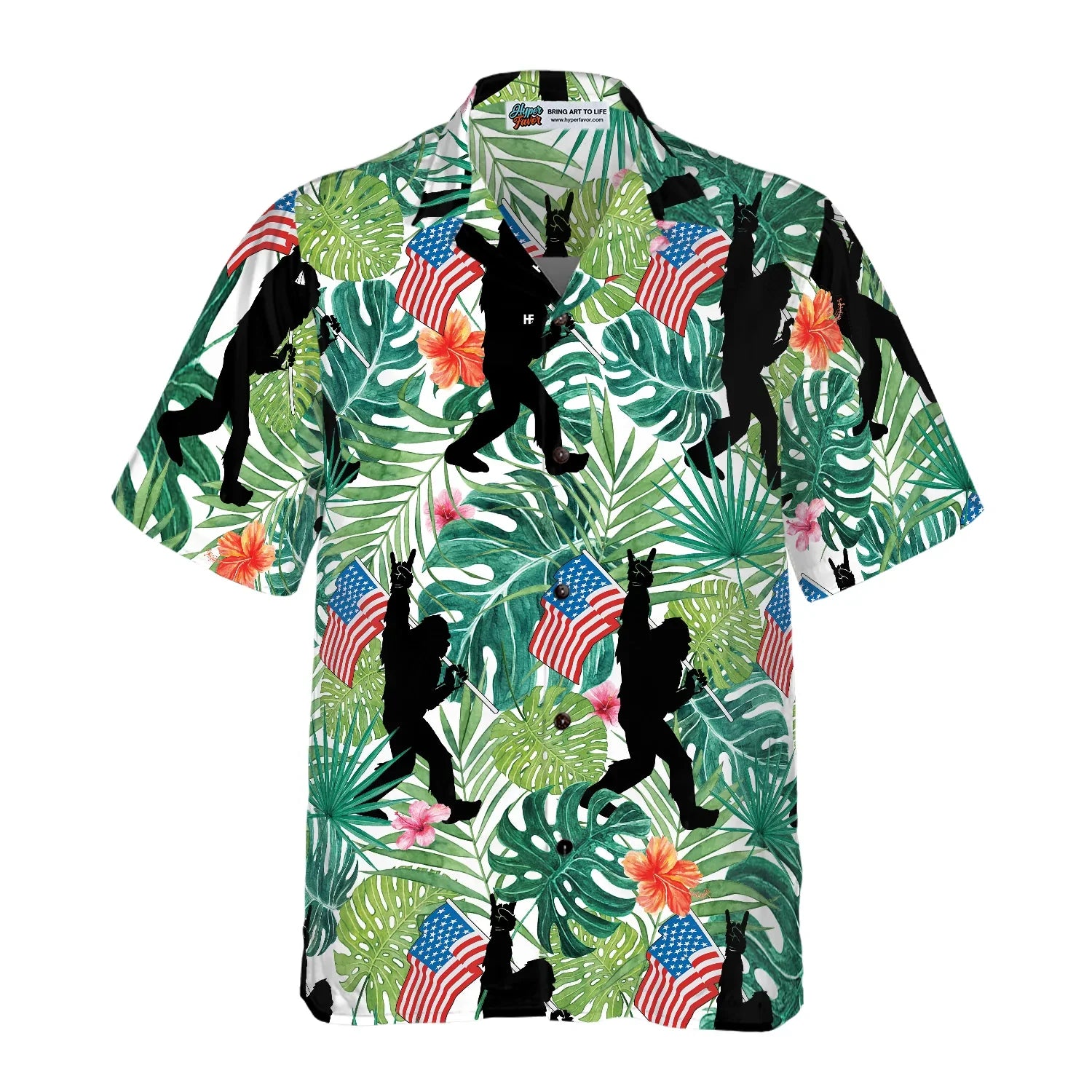 Bigfoot Tropical Hold USA Flag Bigfoot Hawaiian Shirt, Floral American Flag Bigfoot Shirt For Men, Aloha Bigfoot Tropical Shirt, Perfect Gift For Summer Lovers, Friends, Husband, Boyfriend, Family