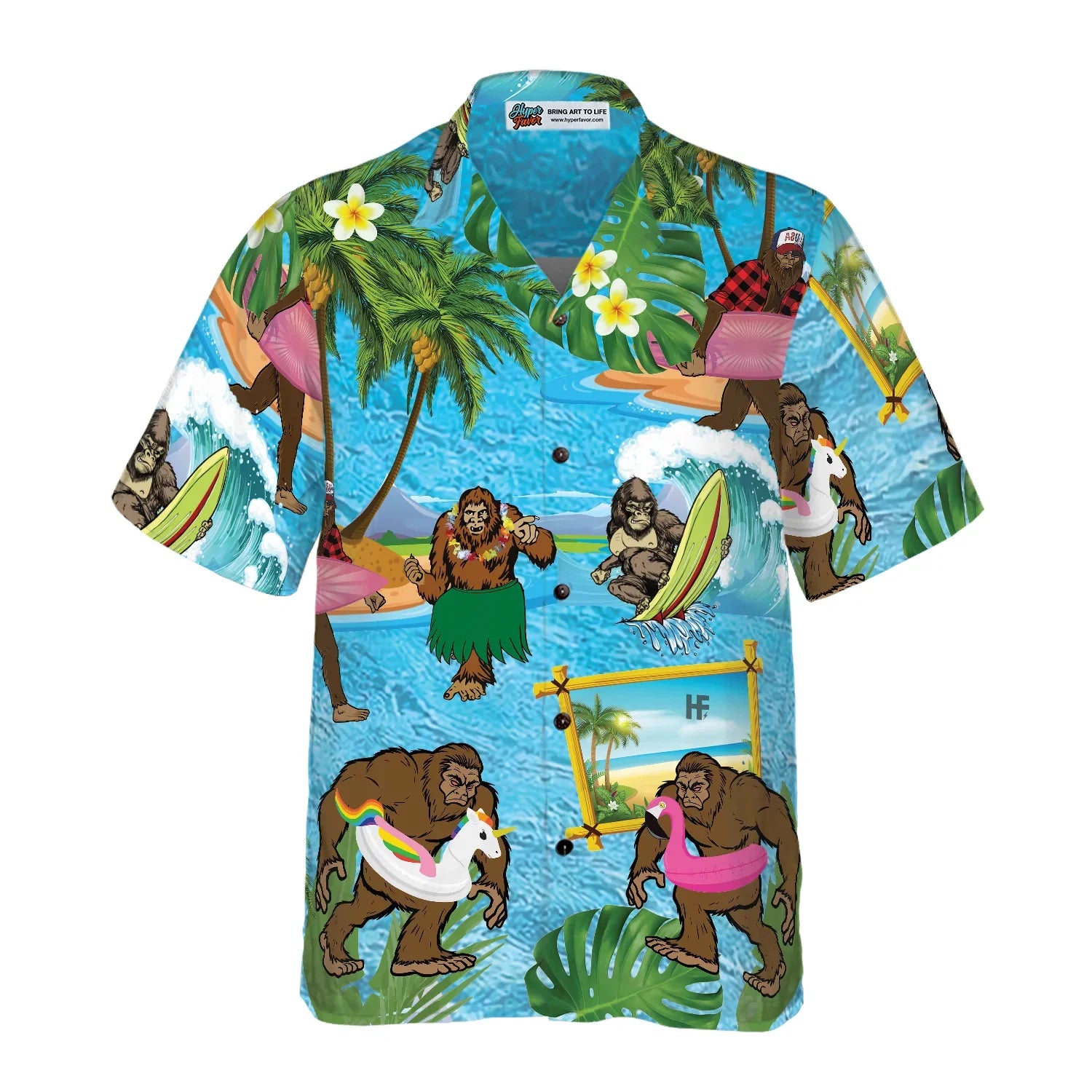 Bigfoot On The Beach, Bigfoot Hawaiian Shirt, Tropical Aloha Wave Surfing Bigfoot Shirt For Men, Bigfoot Summer Beach Aloha Shirt For Men, Perfect Gift For Beach Lovers, Friends, Husband, Boyfriend, Family, Summer Lovers