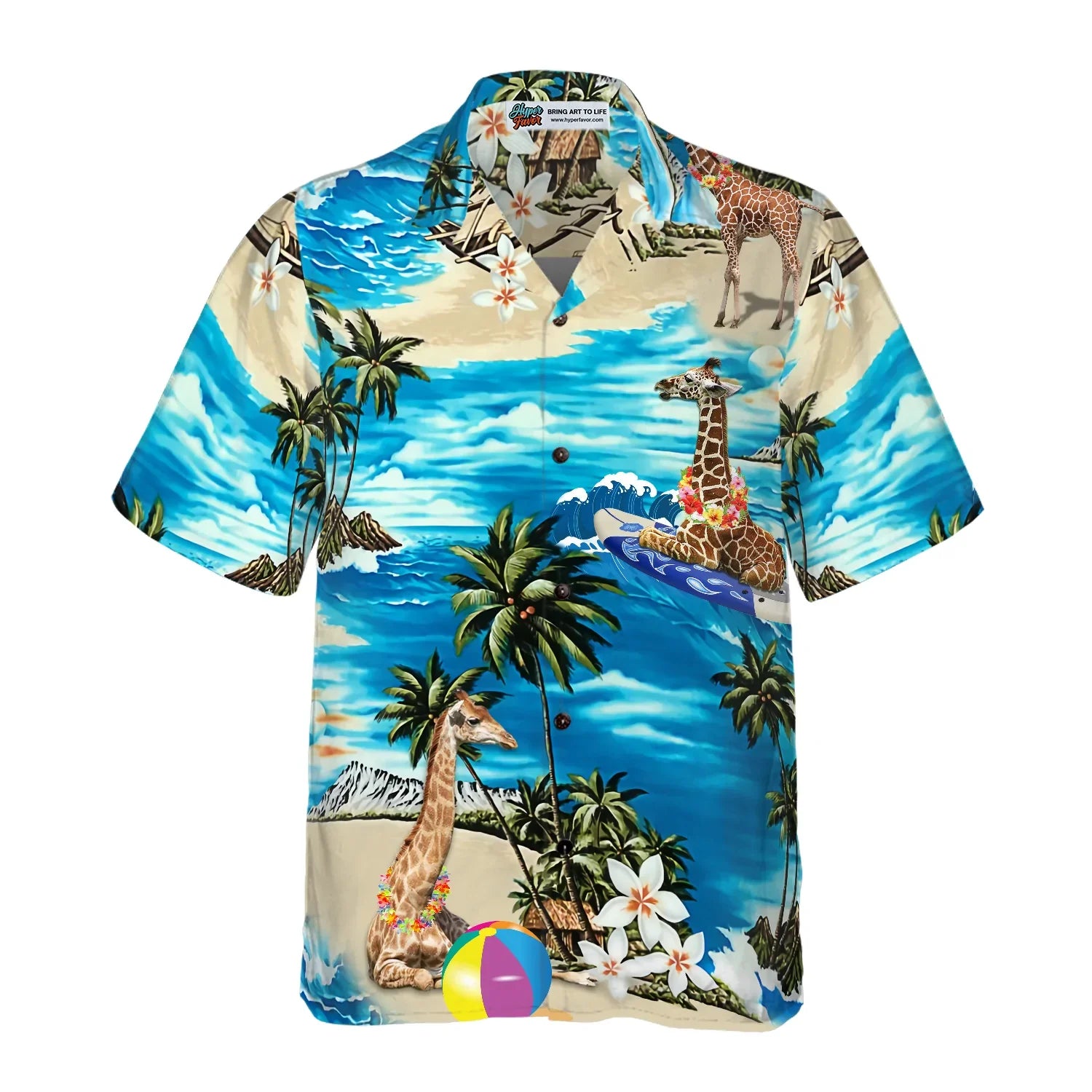 Beach Hawaii Giraffe Hawaiian Shirt, Giraffe Traveling On Blue Beach, Tropical Flowers, Palm Tree Aloha Shirt For Men- Perfect Gift For Summer Lovers, Friends, Husband, Boyfriend, Family