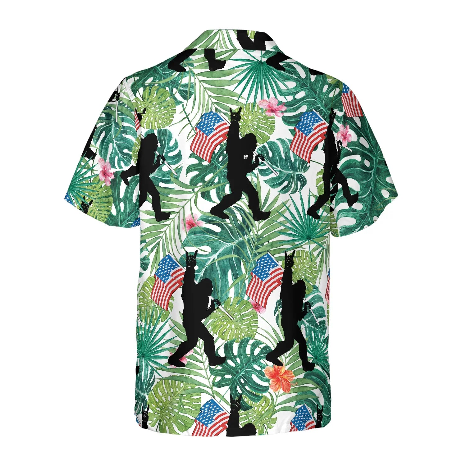 Bigfoot Tropical Hold USA Flag Bigfoot Hawaiian Shirt, Floral American Flag Bigfoot Shirt For Men, Aloha Bigfoot Tropical Shirt, Perfect Gift For Summer Lovers, Friends, Husband, Boyfriend, Family